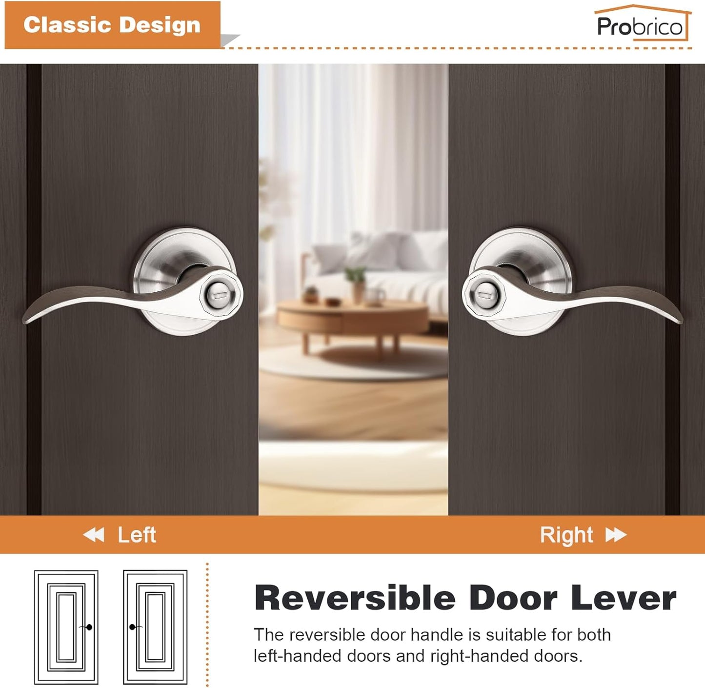 6-Pack Satin Nickel Privacy Door Levers Wave Style Handles - Keyless Lock Bed Bath Door Lockset by Probrico
