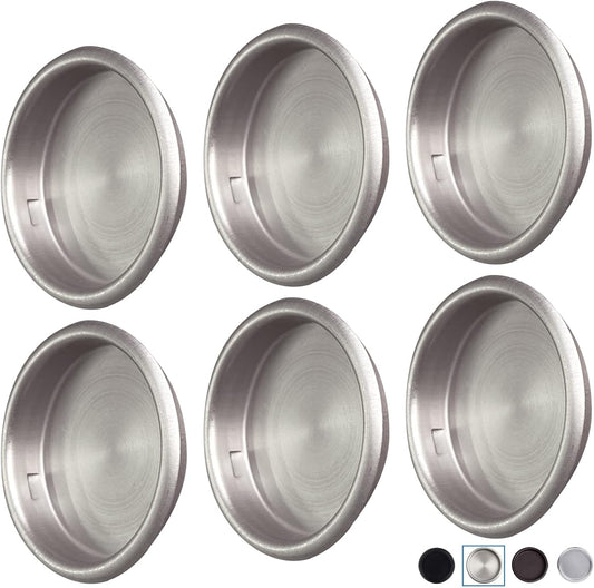 6 Pack Satin Nickel Round Insert Bypass Closet Door Handle Finger Pulls - 2-1/8", Easy Snap-in Installation