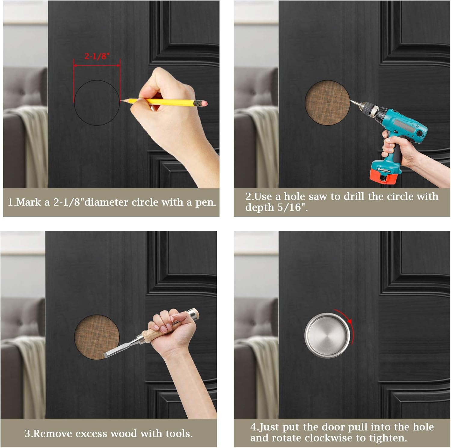 6 Pack Satin Nickel Round Insert Bypass Closet Door Handle Finger Pulls - 2-1/8", Easy Snap-in Installation