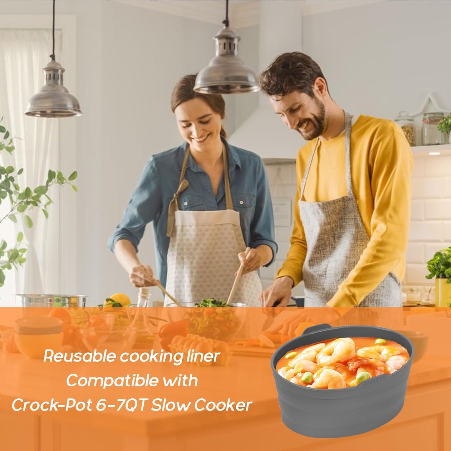 6-pack Silicone Slow Cooker Liners for 6-7 Quart Oval Pots - Reusable, Foldable, Leakproof, Dishwasher Safe - Pot Divider Inserts