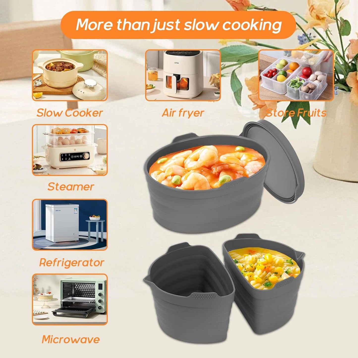 6-pack Silicone Slow Cooker Liners for 6-7 Quart Oval Pots - Reusable, Foldable, Leakproof, Dishwasher Safe - Pot Divider Inserts