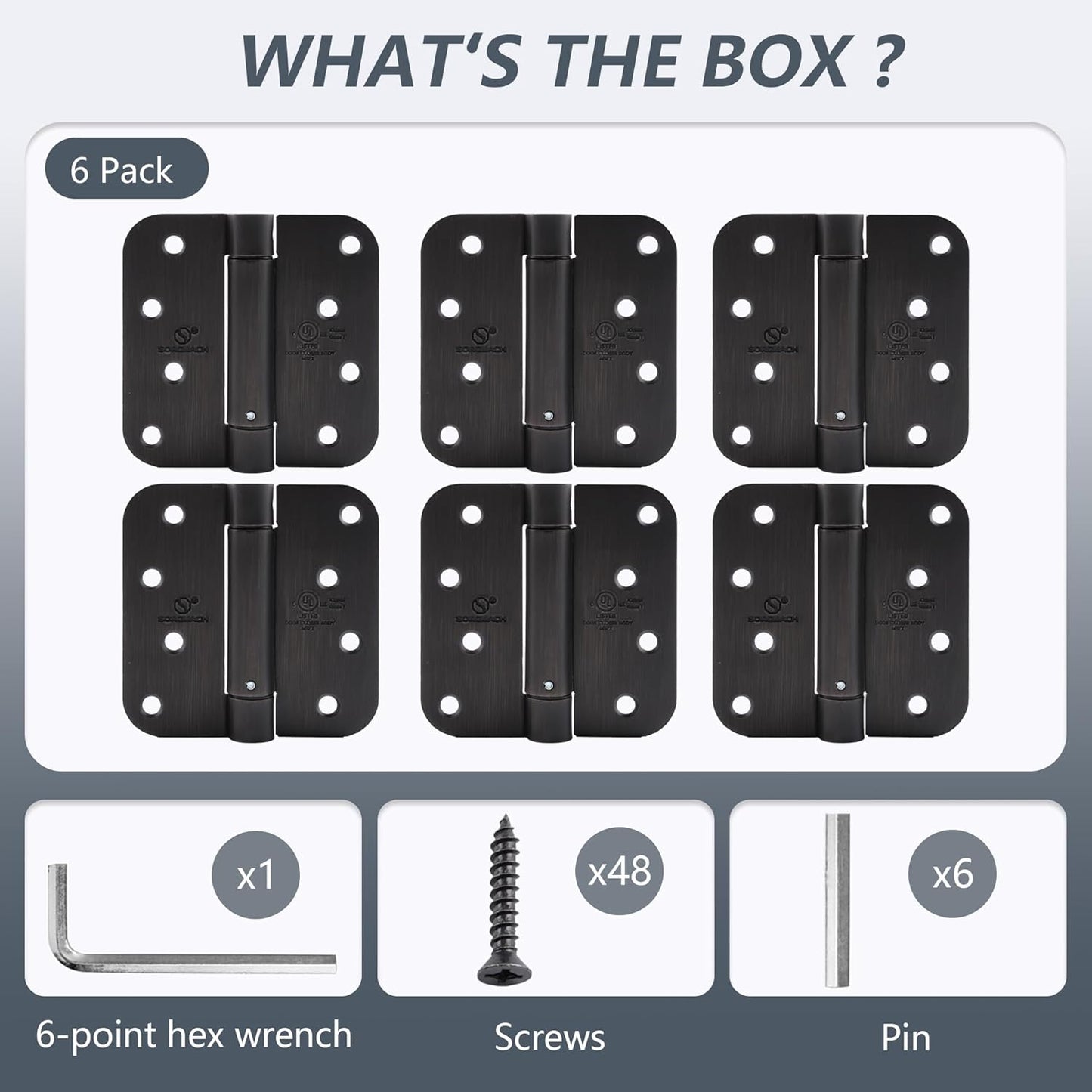 6 Pack SORGMACH 4" Self Closing Hinge Oil Rubbed Bronze - Adjustable Auto Close Door Closer Hinge Auto Self-Closing UL Listed