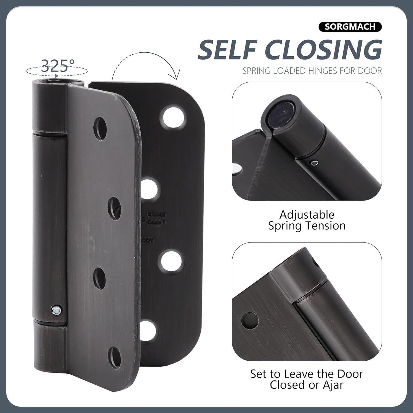 6 Pack SORGMACH 4" Self Closing Hinge Oil Rubbed Bronze - Adjustable Auto Close Door Closer Hinge Auto Self-Closing UL Listed
