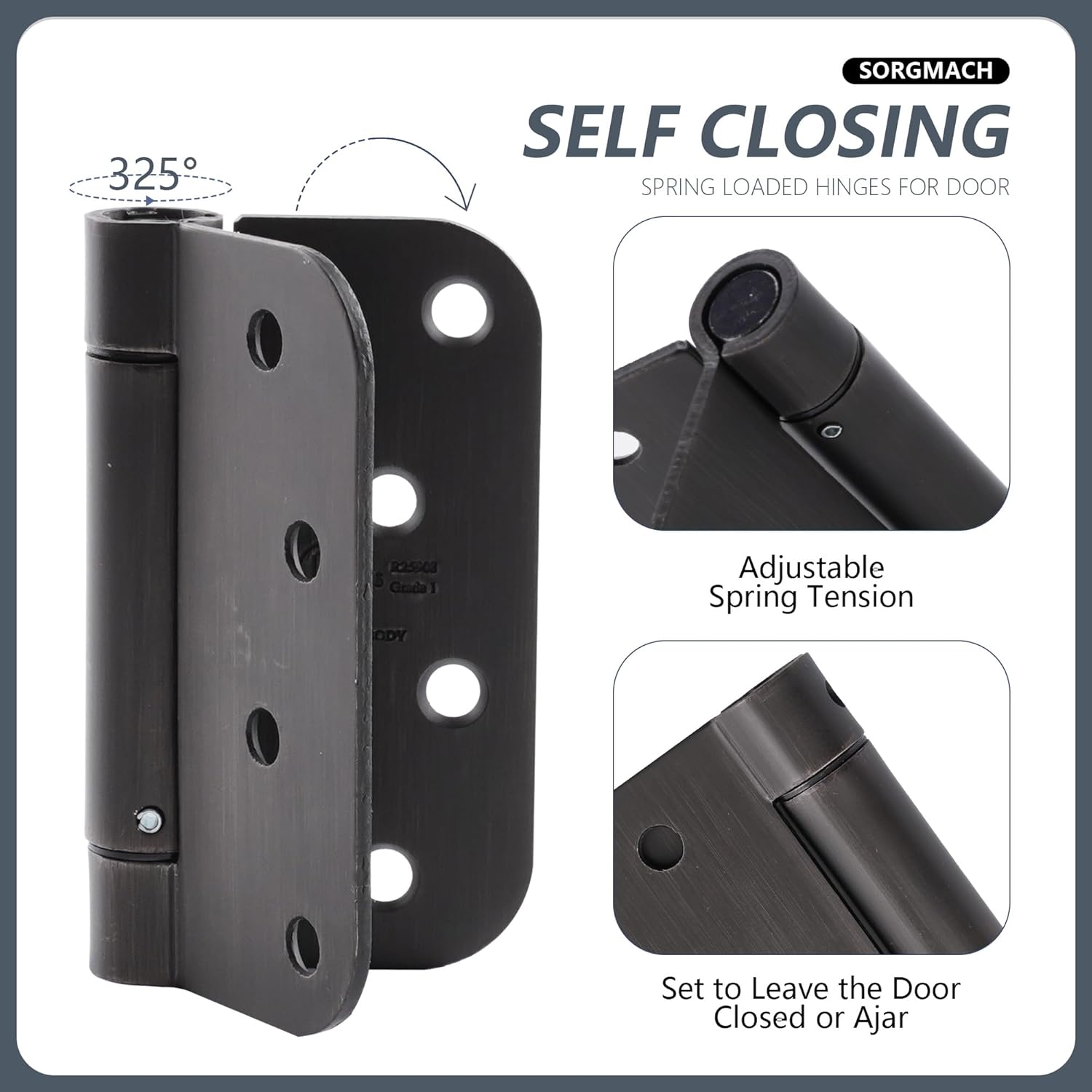 6 Pack SORGMACH 4" Self Closing Hinge Oil Rubbed Bronze - Adjustable Auto Close Door Closer Hinge Auto Self-Closing UL Listed