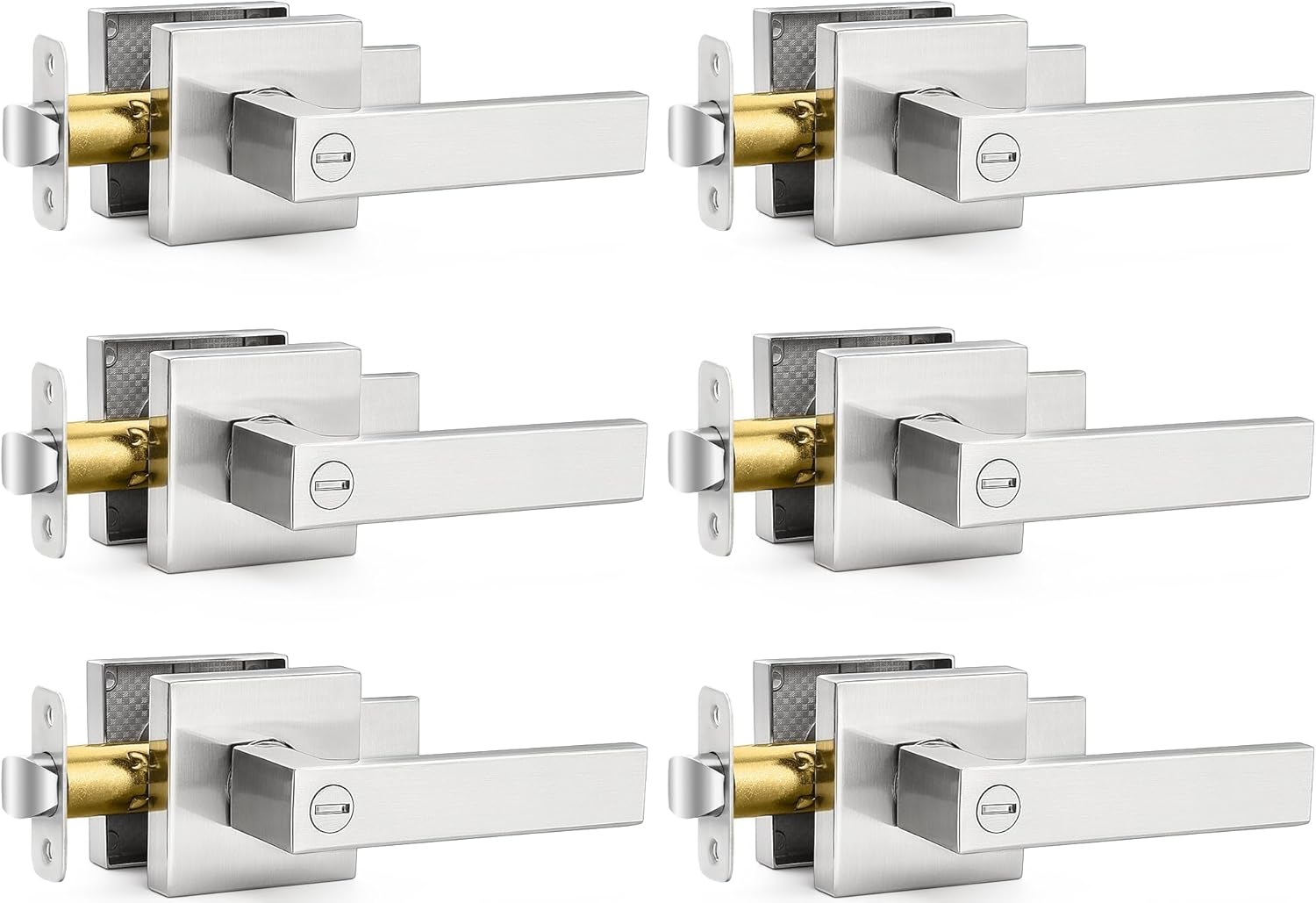6 Pack Square Door Lever Privacy Lock Handleset Set - Keyless Interior Knobs in Satin Nickel - Reversible Flat Levers for Storage Room & Bathroom - WildKart