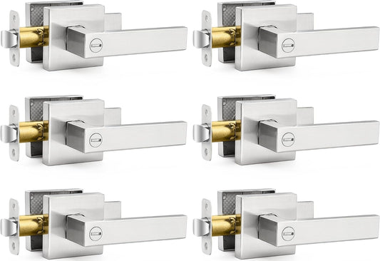 6 Pack Square Door Lever Privacy Lock Handleset Set - Keyless Interior Knobs in Satin Nickel - Reversible Flat Levers for Storage Room & Bathroom - WildKart