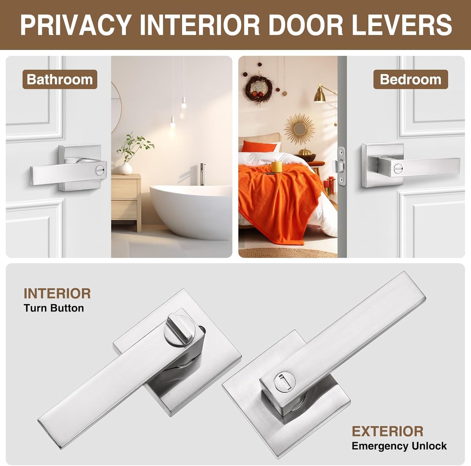 6 Pack Square Door Lever Privacy Lock Handleset Set - Keyless Interior Knobs in Satin Nickel - Reversible Flat Levers for Storage Room & Bathroom - WildKart