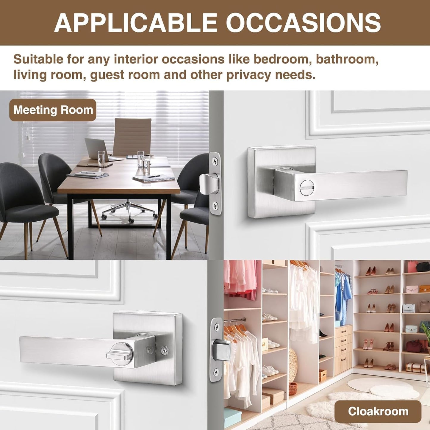 6 Pack Square Door Lever Privacy Lock Handleset Set - Keyless Interior Knobs in Satin Nickel - Reversible Flat Levers for Storage Room & Bathroom - WildKart