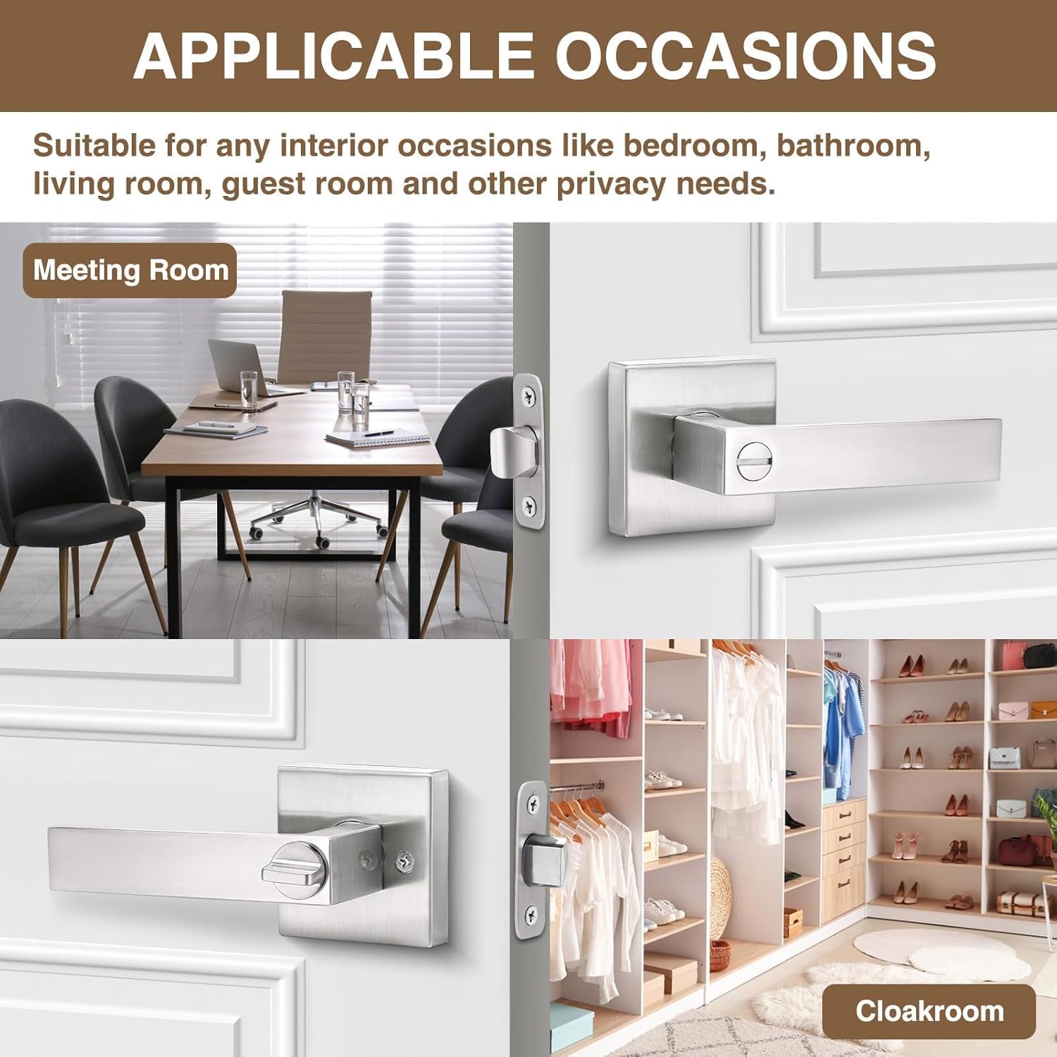 6 Pack Square Door Lever Privacy Lock Handleset Set - Keyless Interior Knobs in Satin Nickel - Reversible Flat Levers for Storage Room & Bathroom - WildKart