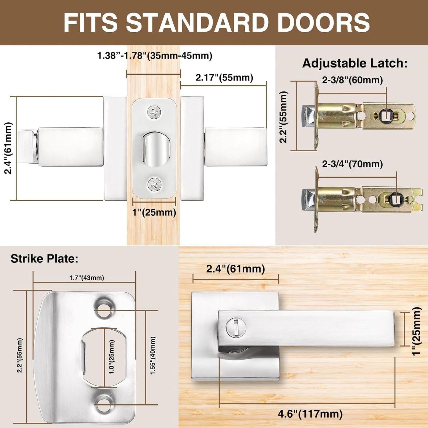 6 Pack Square Door Lever Privacy Lock Handleset Set - Keyless Interior Knobs in Satin Nickel - Reversible Flat Levers for Storage Room & Bathroom - WildKart