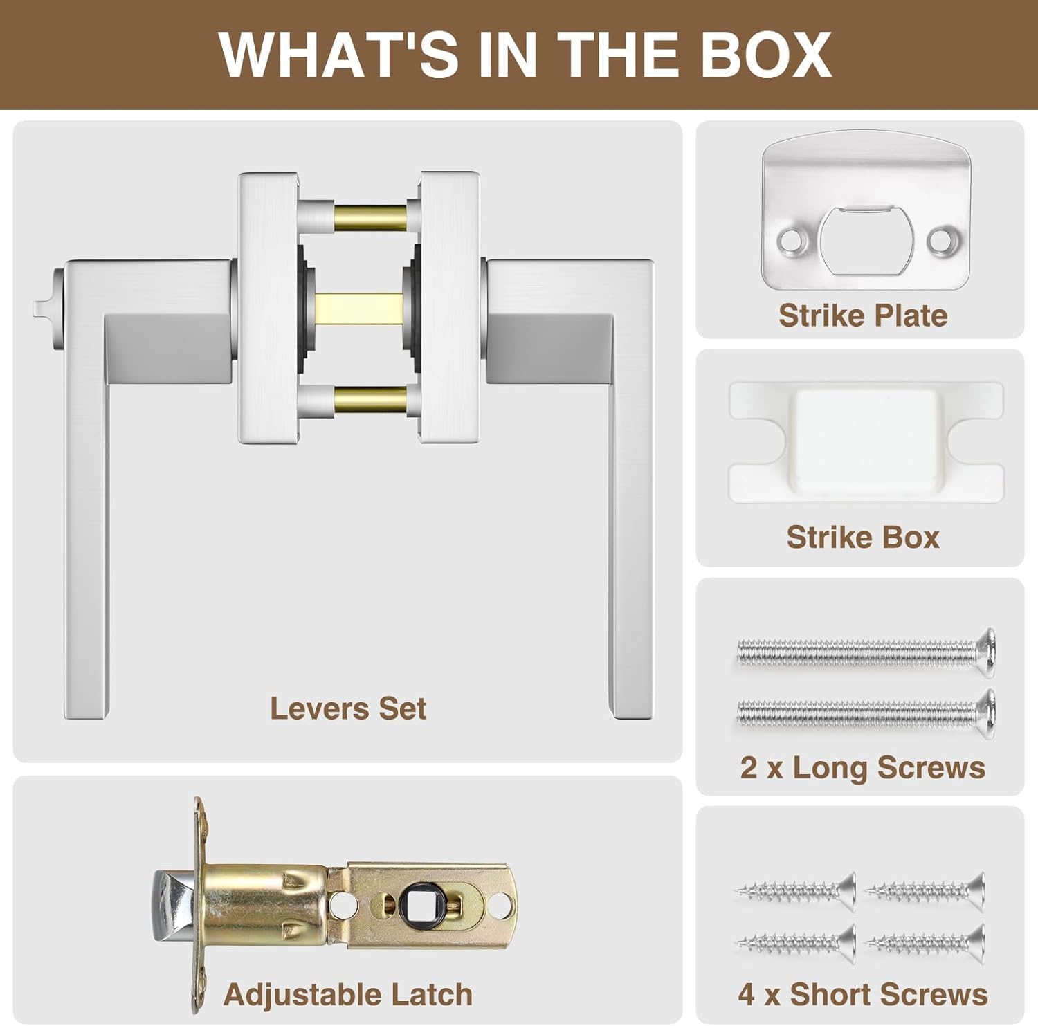 6 Pack Square Door Lever Privacy Lock Handleset Set - Keyless Interior Knobs in Satin Nickel - Reversible Flat Levers for Storage Room & Bathroom - WildKart