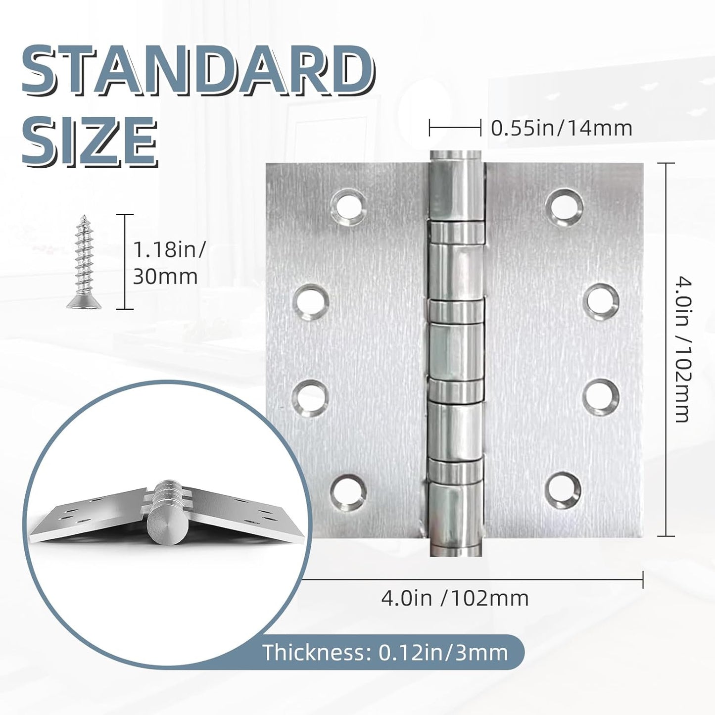 6 Pack Stainless Steel 4'' Door Hinges, Heavy-Duty Ball Bearing with Square Corners for Exterior & Interior Doors