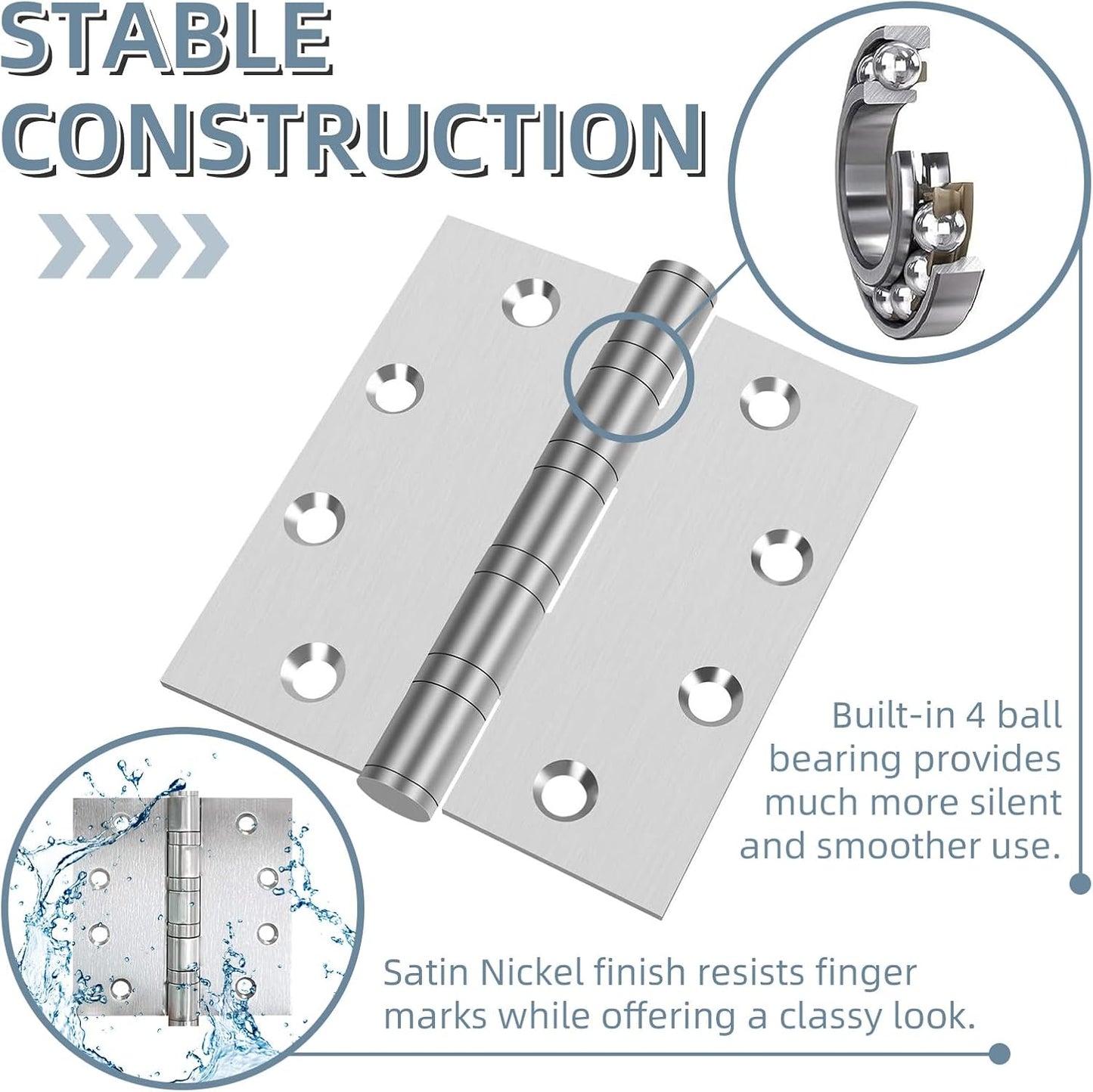 6 Pack Stainless Steel 4'' Door Hinges, Heavy-Duty Ball Bearing with Square Corners for Exterior & Interior Doors