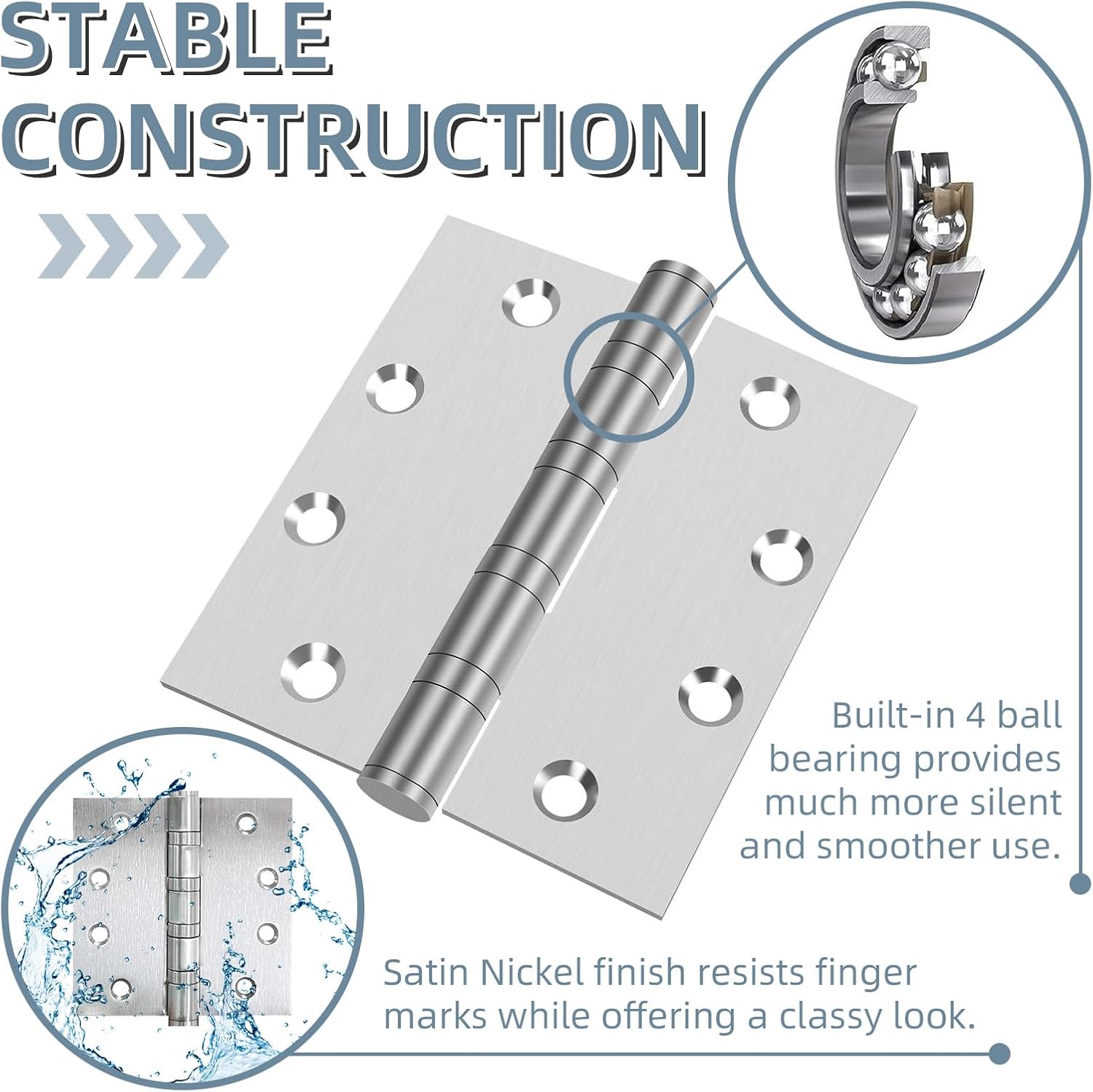 6 Pack Stainless Steel 4'' Door Hinges, Heavy-Duty Ball Bearing with Square Corners for Exterior & Interior Doors