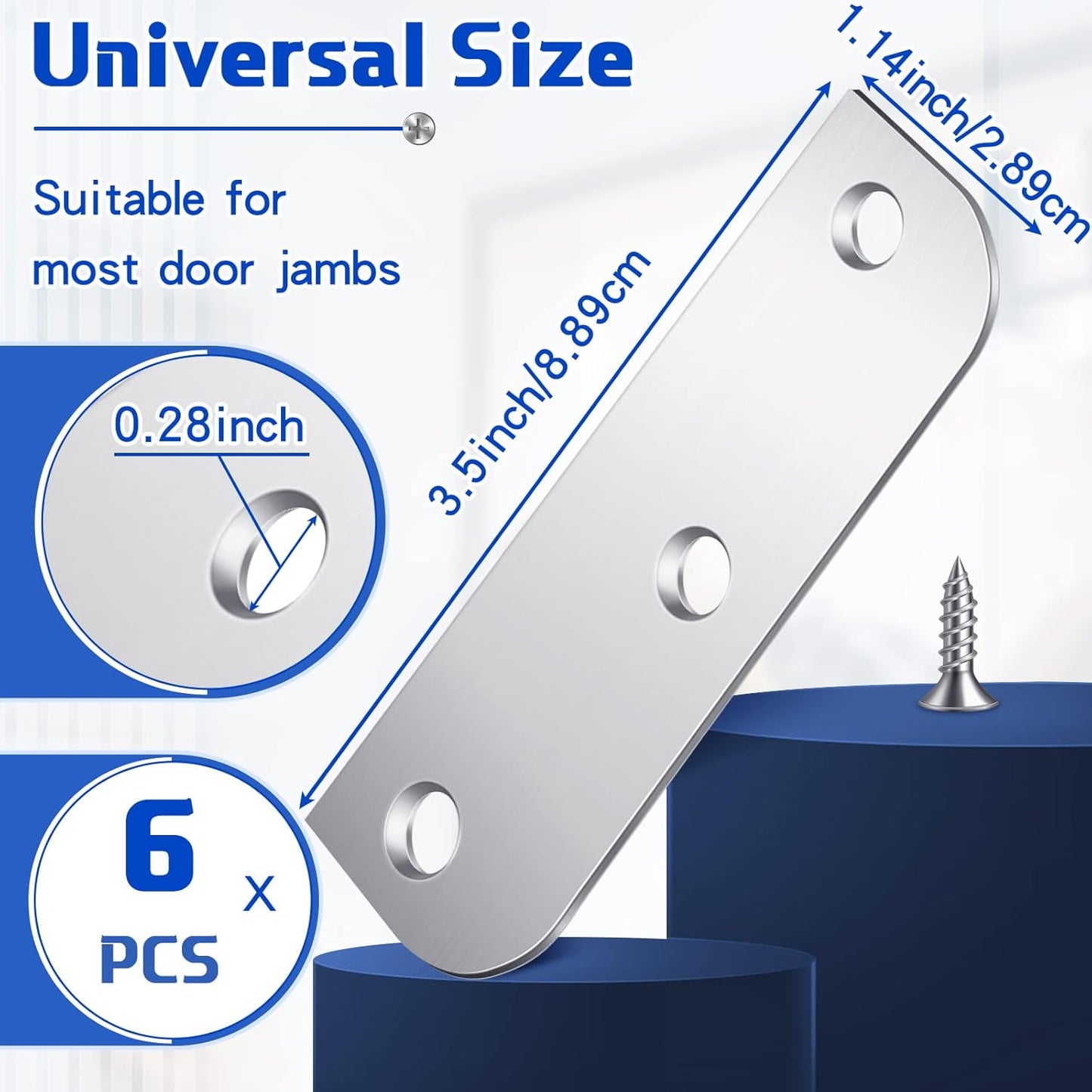 6 Pack Stainless Steel Door Hinge Filler Plates 3.5 Inch with Satin Chrome Finish and Matching Screws
