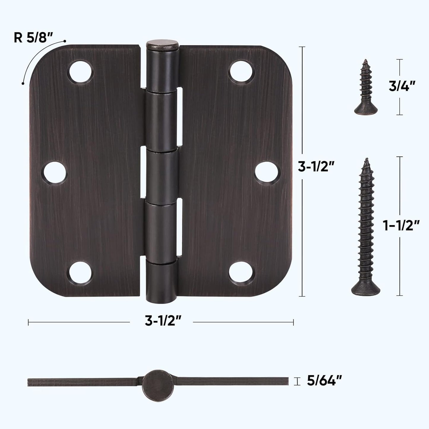 6-Pack TICONN 3.5 Inch Door Hinges with 5/8" Radius Corner for Iron Bifold Residential Doors - Oil Rubbed Bronze, 3-1/2 x 3-1/2 Inch Hardware Pack - WildKart