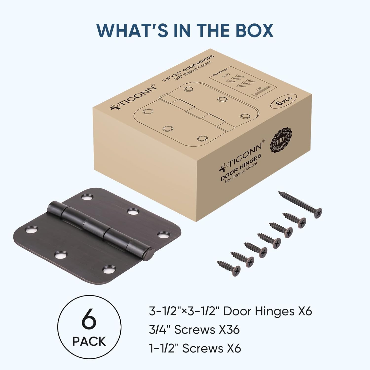 6-Pack TICONN 3.5 Inch Door Hinges with 5/8" Radius Corner for Iron Bifold Residential Doors - Oil Rubbed Bronze, 3-1/2 x 3-1/2 Inch Hardware Pack - WildKart