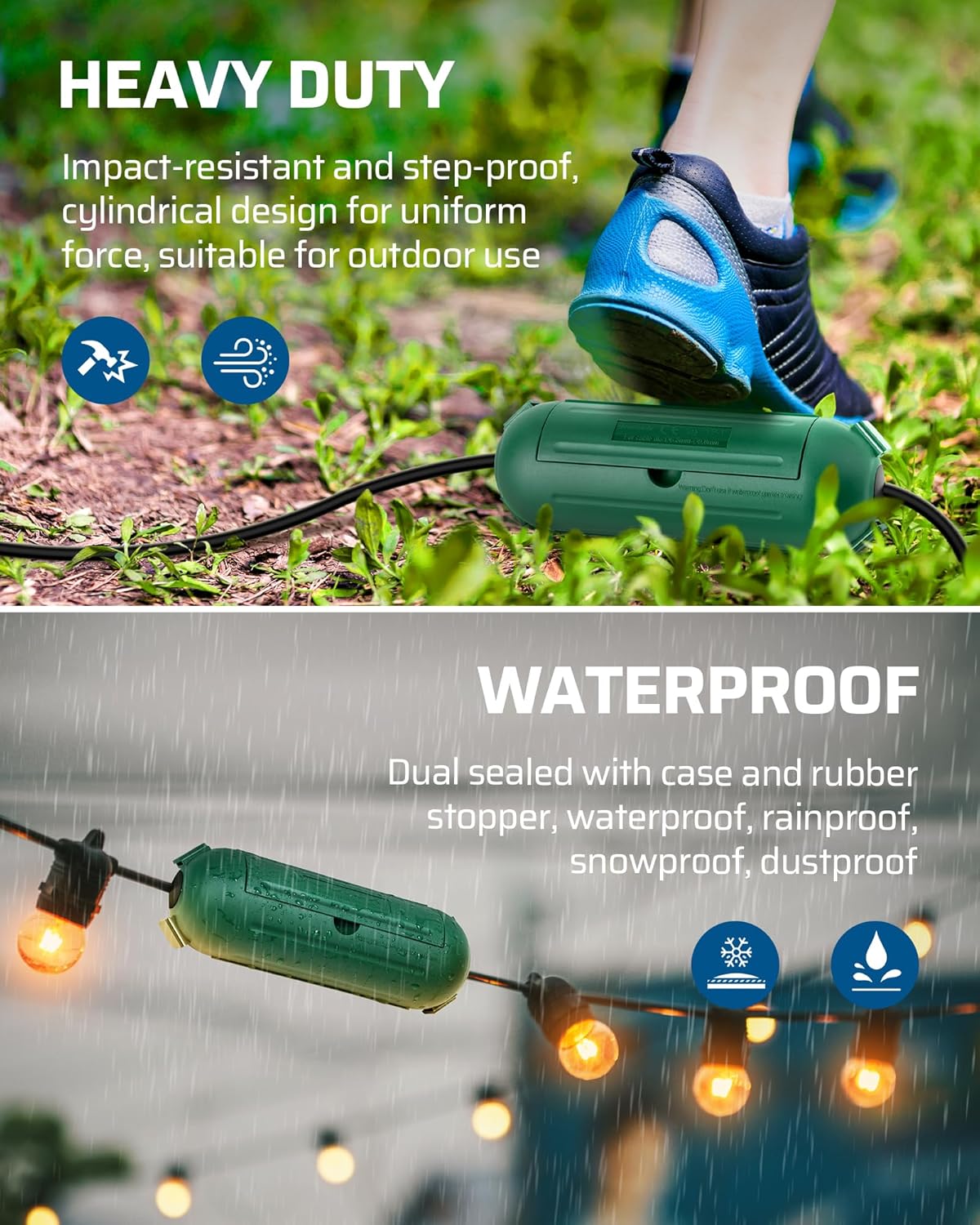 6-Pack Waterproof Outdoor Extension Cord Cover with Seal Latches - Adjustable Compartment for 12/14/16Gauge Cords - Green