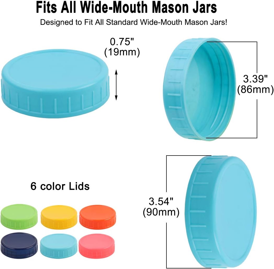 6 Pack Wide Mouth Mason Jar Lids - Colored Plastic Caps for Food Storage in Canning Jars by uxcell