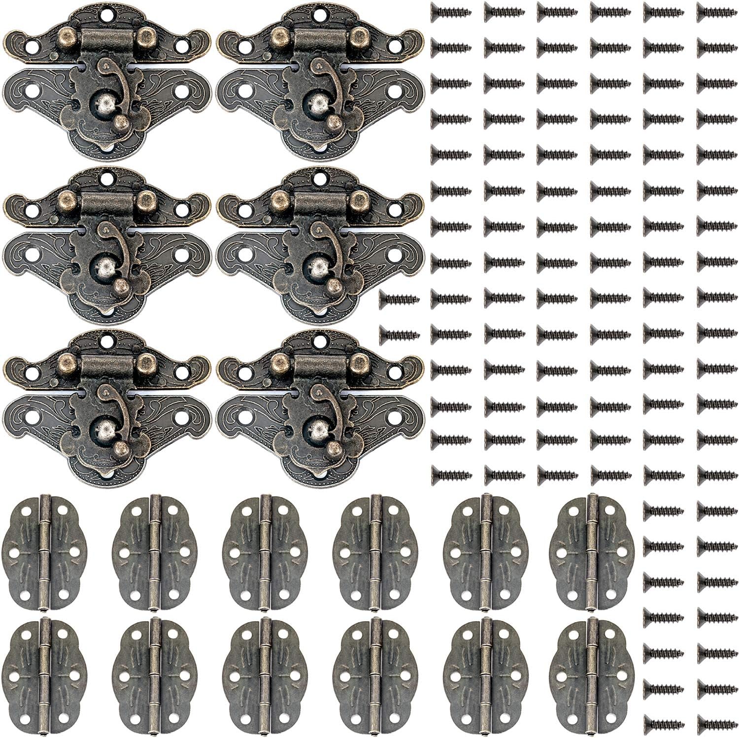 6 PGMJ Decorative Small Hinges for Wooden Box Repair Kit - Antique Bronze Engraved Designs, 12 Hasp Latch with Screws