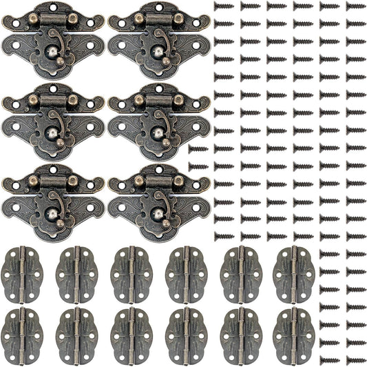 6 PGMJ Decorative Small Hinges for Wooden Box Repair Kit - Antique Bronze Engraved Designs, 12 Hasp Latch with Screws