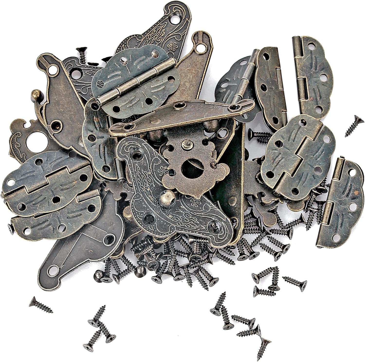 6 PGMJ Decorative Small Hinges for Wooden Box Repair Kit - Antique Bronze Engraved Designs, 12 Hasp Latch with Screws