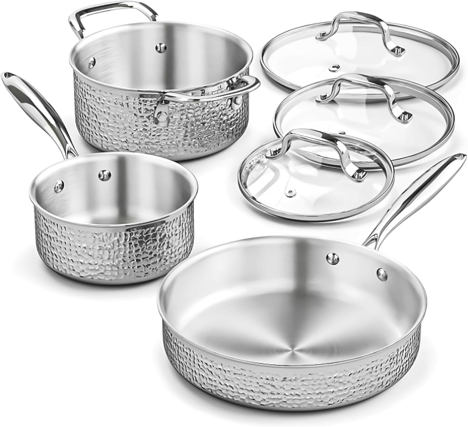 6-Piece AuFranc® Stainless Steel Hammered Cookware Set with Glass Lid - Induction Ready, Safe for All Cooktops, Oven & Dishwasher Safe - Non-Toxic Silver Pots and Pans