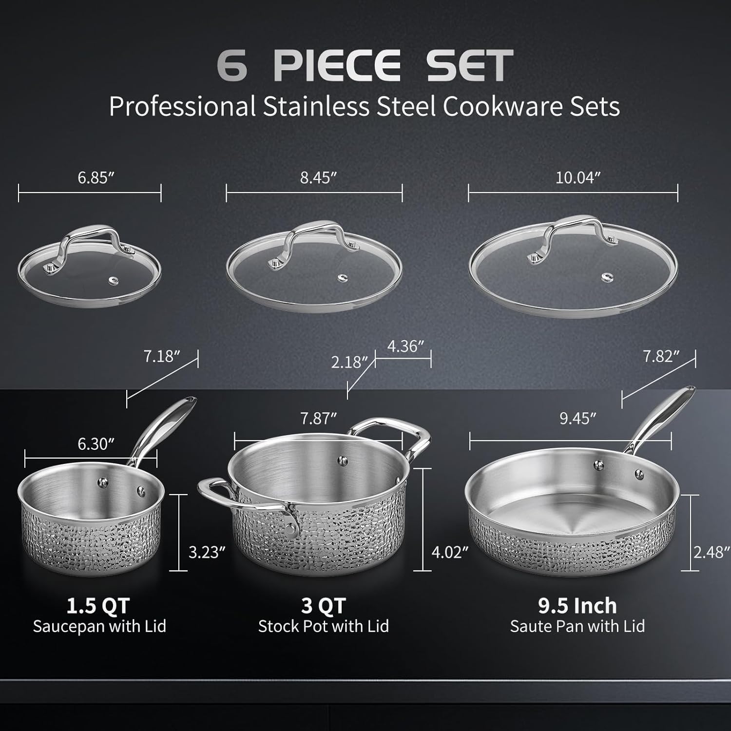 6-Piece AuFranc® Stainless Steel Hammered Cookware Set with Glass Lid - Induction Ready, Safe for All Cooktops, Oven & Dishwasher Safe - Non-Toxic Silver Pots and Pans