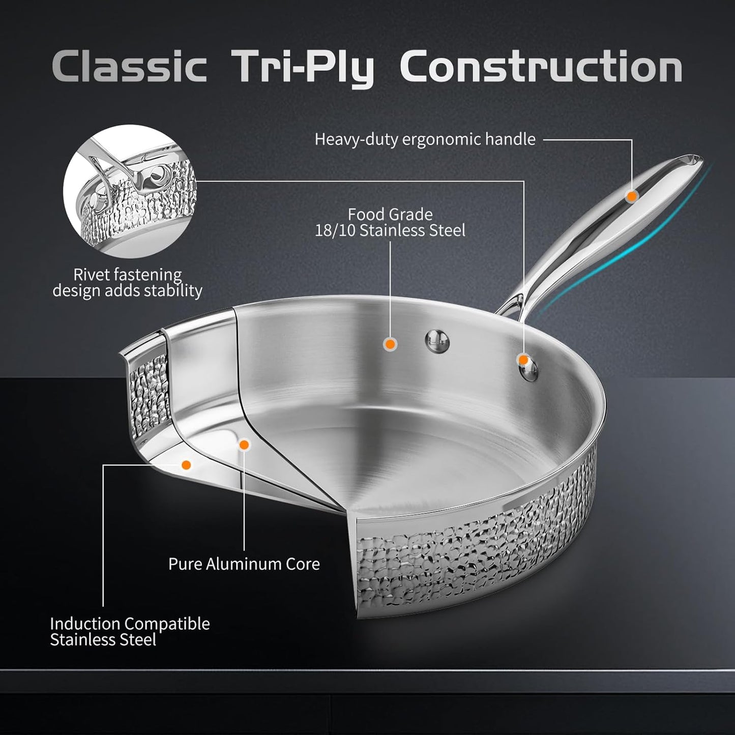 6-Piece AuFranc® Stainless Steel Hammered Cookware Set with Glass Lid - Induction Ready, Safe for All Cooktops, Oven & Dishwasher Safe - Non-Toxic Silver Pots and Pans