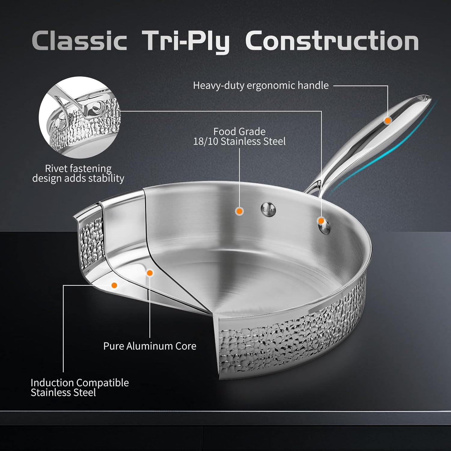 6-Piece AuFranc® Stainless Steel Hammered Cookware Set with Glass Lid - Induction Ready, Safe for All Cooktops, Oven & Dishwasher Safe - Non-Toxic Silver Pots and Pans