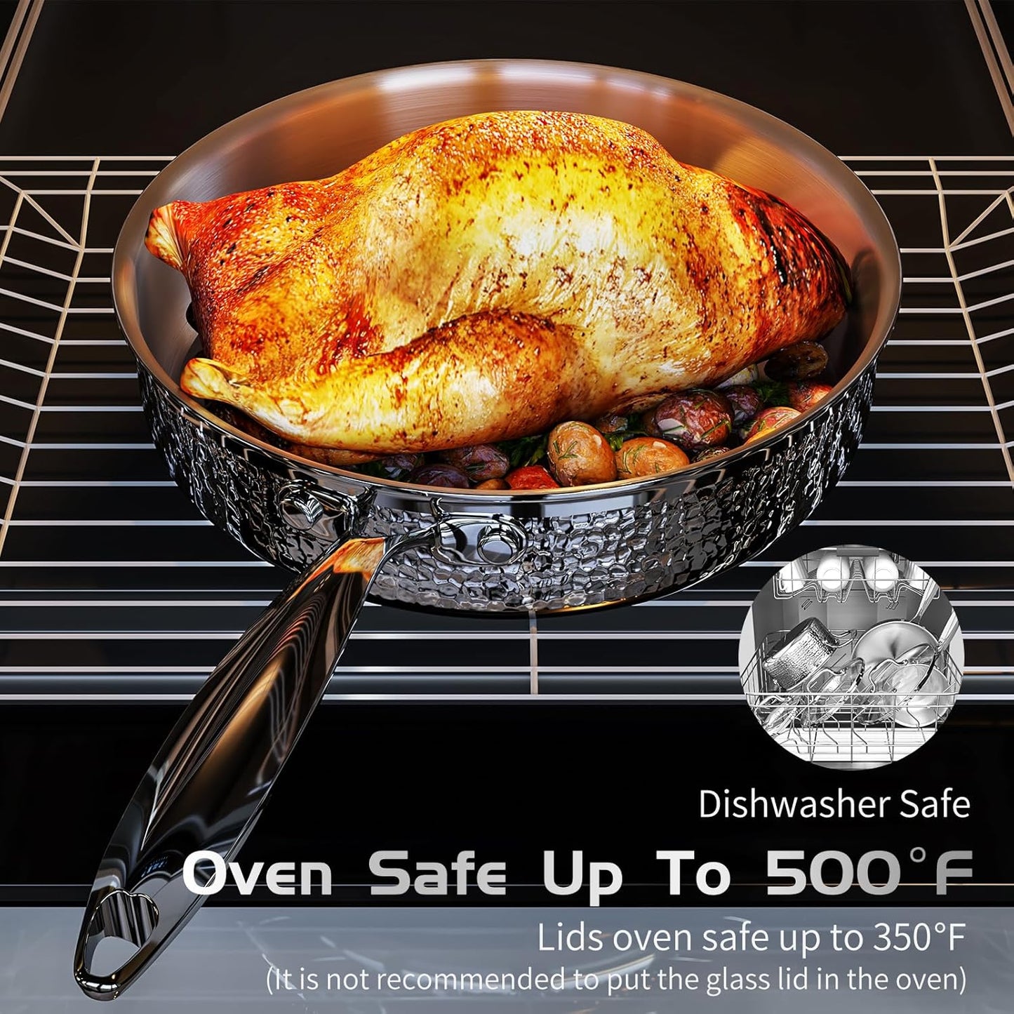 6-Piece AuFranc® Stainless Steel Hammered Cookware Set with Glass Lid - Induction Ready, Safe for All Cooktops, Oven & Dishwasher Safe - Non-Toxic Silver Pots and Pans