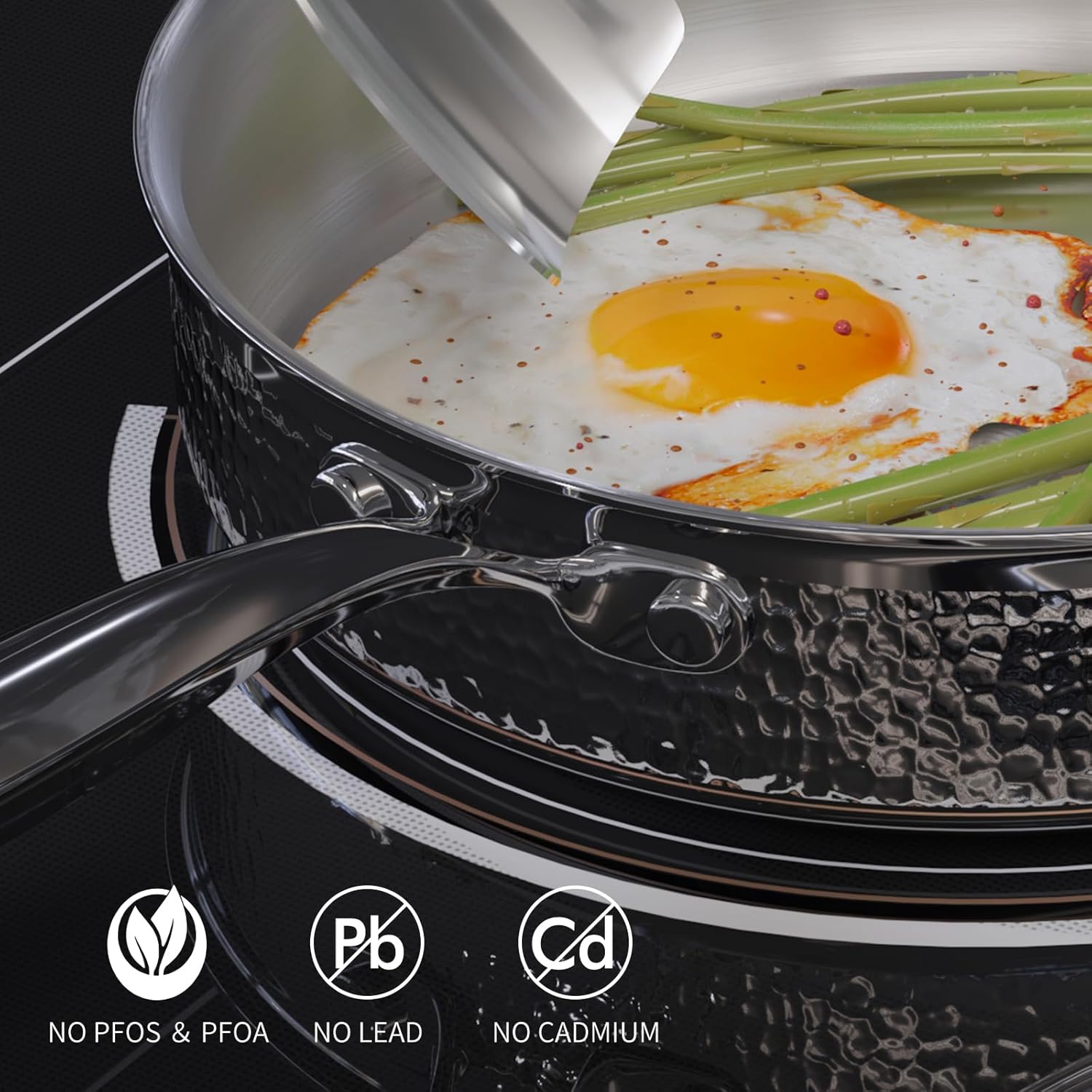 6-Piece AuFranc® Stainless Steel Hammered Cookware Set with Glass Lid - Induction Ready, Safe for All Cooktops, Oven & Dishwasher Safe - Non-Toxic Silver Pots and Pans