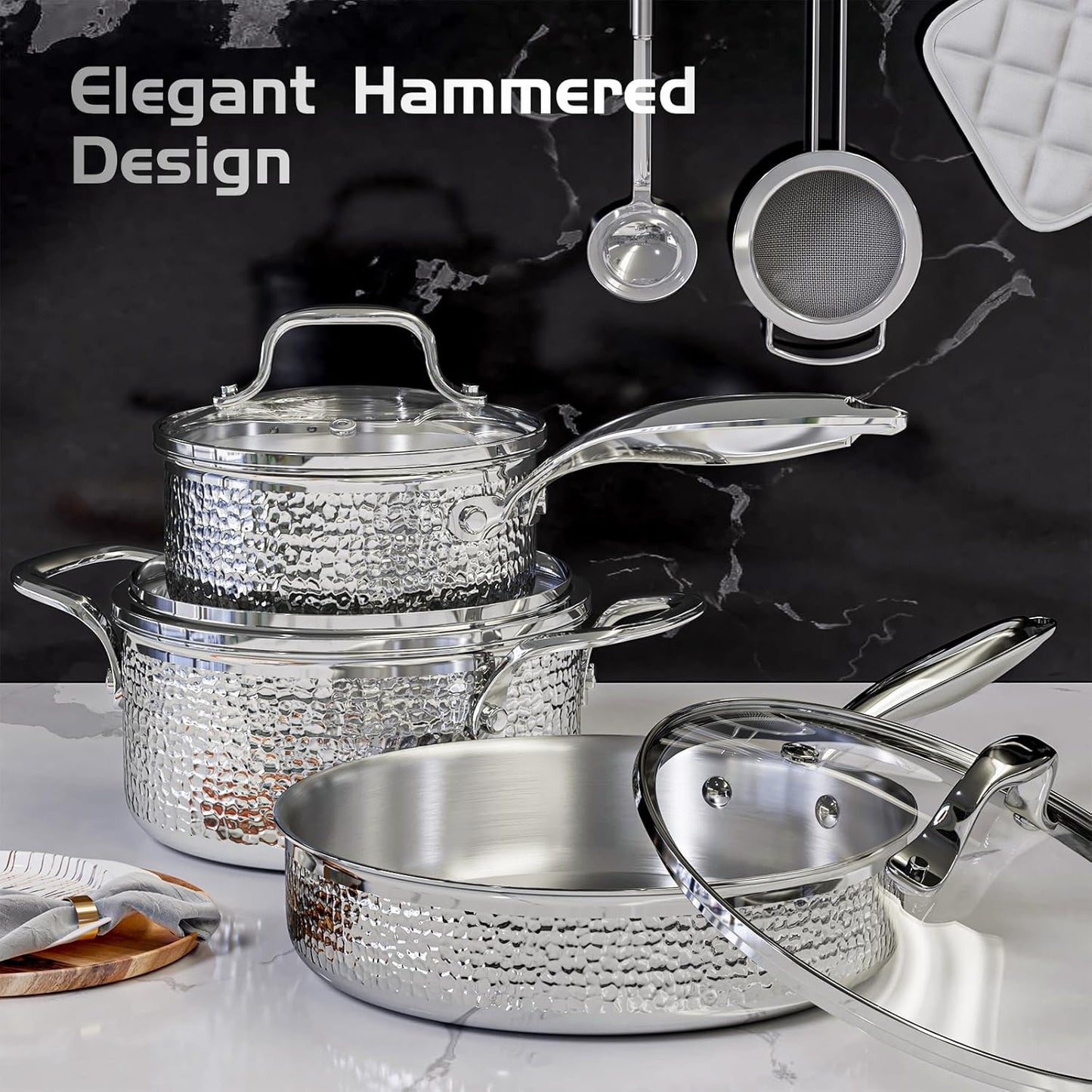 6-Piece AuFranc® Stainless Steel Hammered Cookware Set with Glass Lid - Induction Ready, Safe for All Cooktops, Oven & Dishwasher Safe - Non-Toxic Silver Pots and Pans