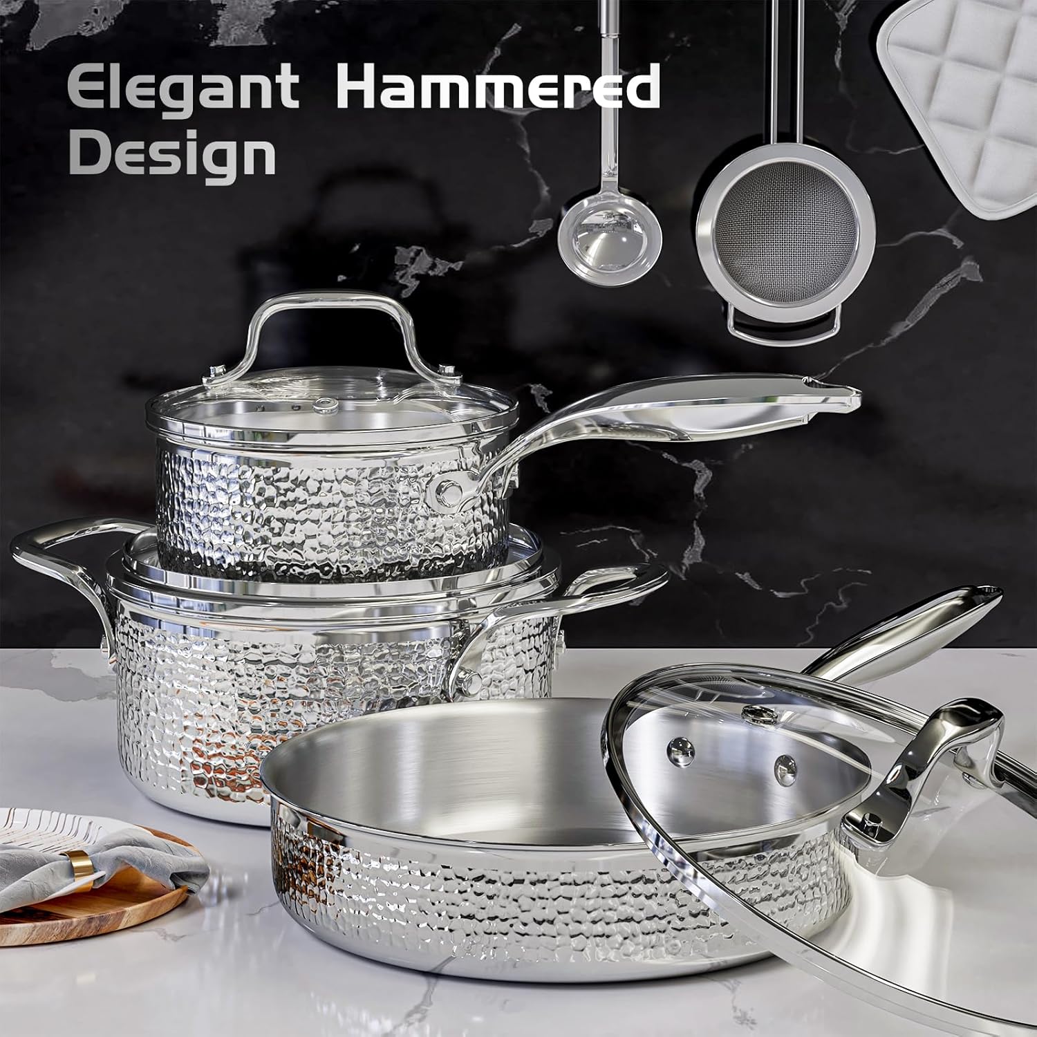 6-Piece AuFranc® Stainless Steel Hammered Cookware Set with Glass Lid - Induction Ready, Safe for All Cooktops, Oven & Dishwasher Safe - Non-Toxic Silver Pots and Pans