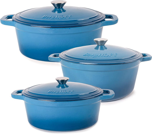 6-Piece BergHOFF Neo Enameled Cast Iron Dutch Oven Set with Matching Lid - Fast and Even Heating, Oven Safe - Blue Color
