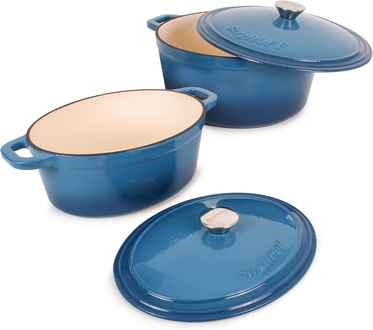 6-Piece BergHOFF Neo Enameled Cast Iron Dutch Oven Set with Matching Lid - Fast and Even Heating, Oven Safe - Blue Color
