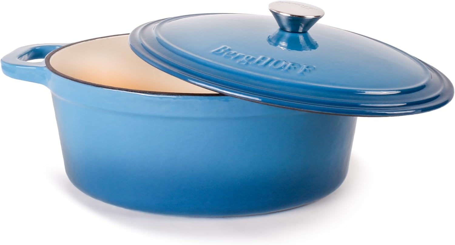 6-Piece BergHOFF Neo Enameled Cast Iron Dutch Oven Set with Matching Lid - Fast and Even Heating, Oven Safe - Blue Color