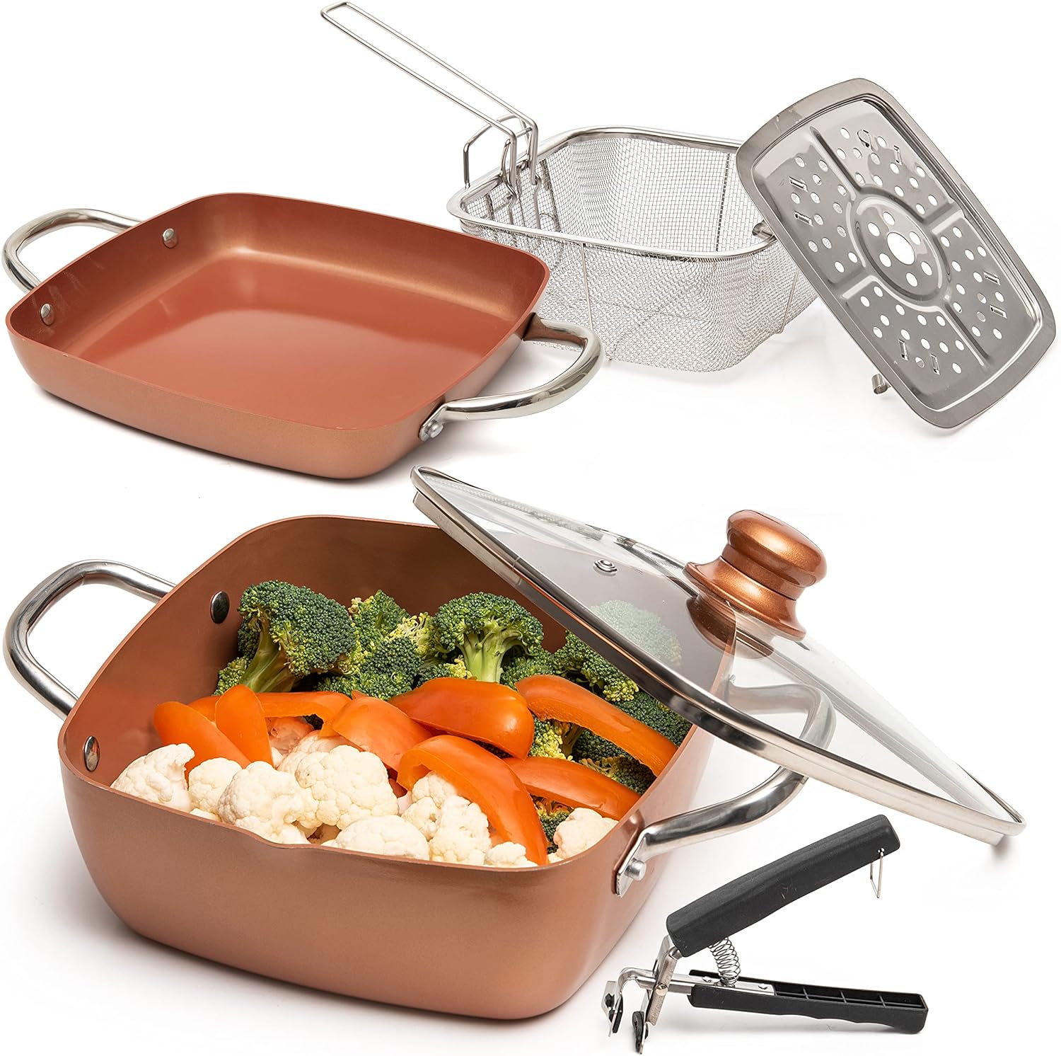 6 Piece Copper Chef Cookware Set - Non Stick Pan, Deep Square Pan, Fry Basket, Steamer Tray - Oven & Dishwasher Safe - 5 Quart Pot, 9.5" Induction Cookware