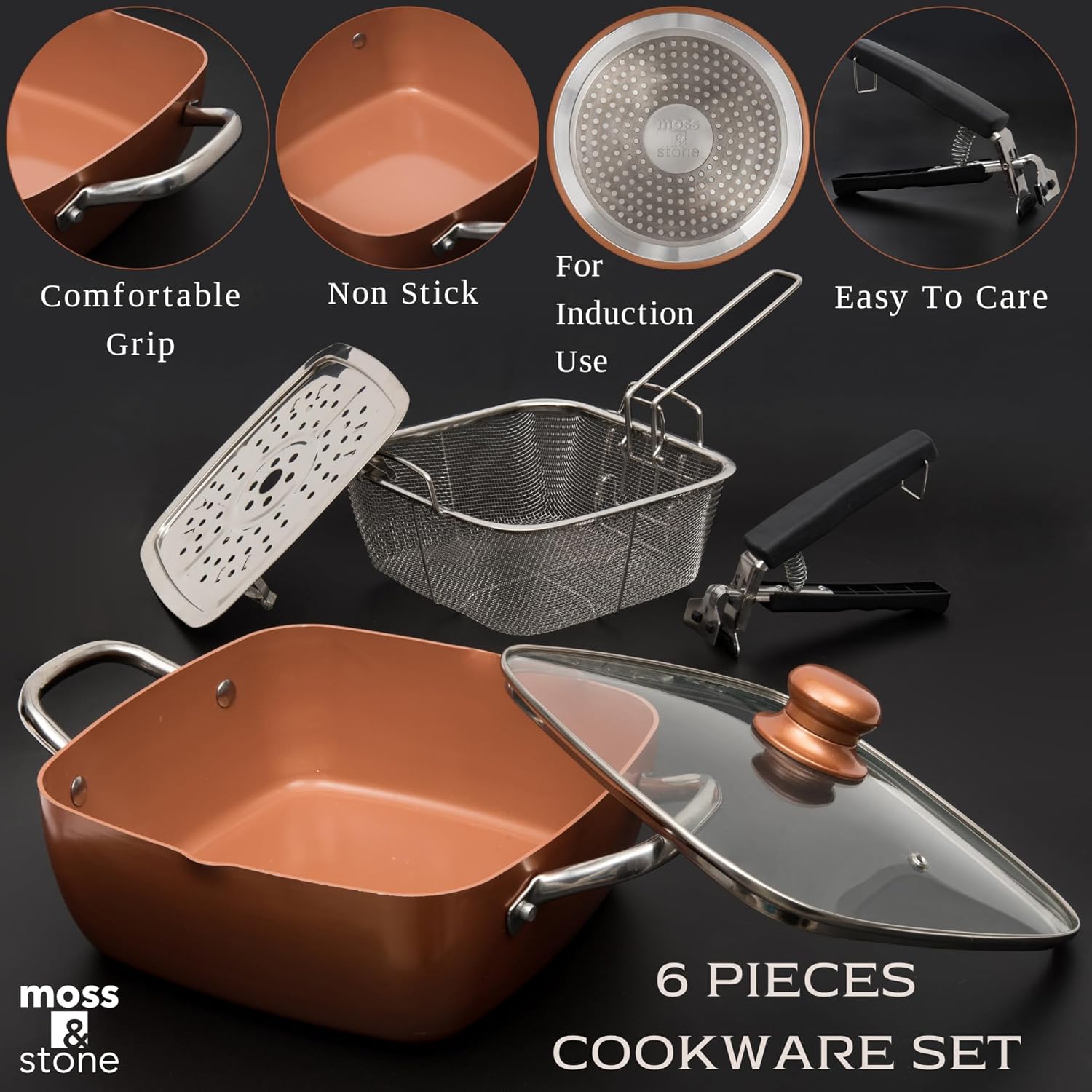 6 Piece Copper Chef Cookware Set - Non Stick Pan, Deep Square Pan, Fry Basket, Steamer Tray - Oven & Dishwasher Safe - 5 Quart Pot, 9.5" Induction Cookware