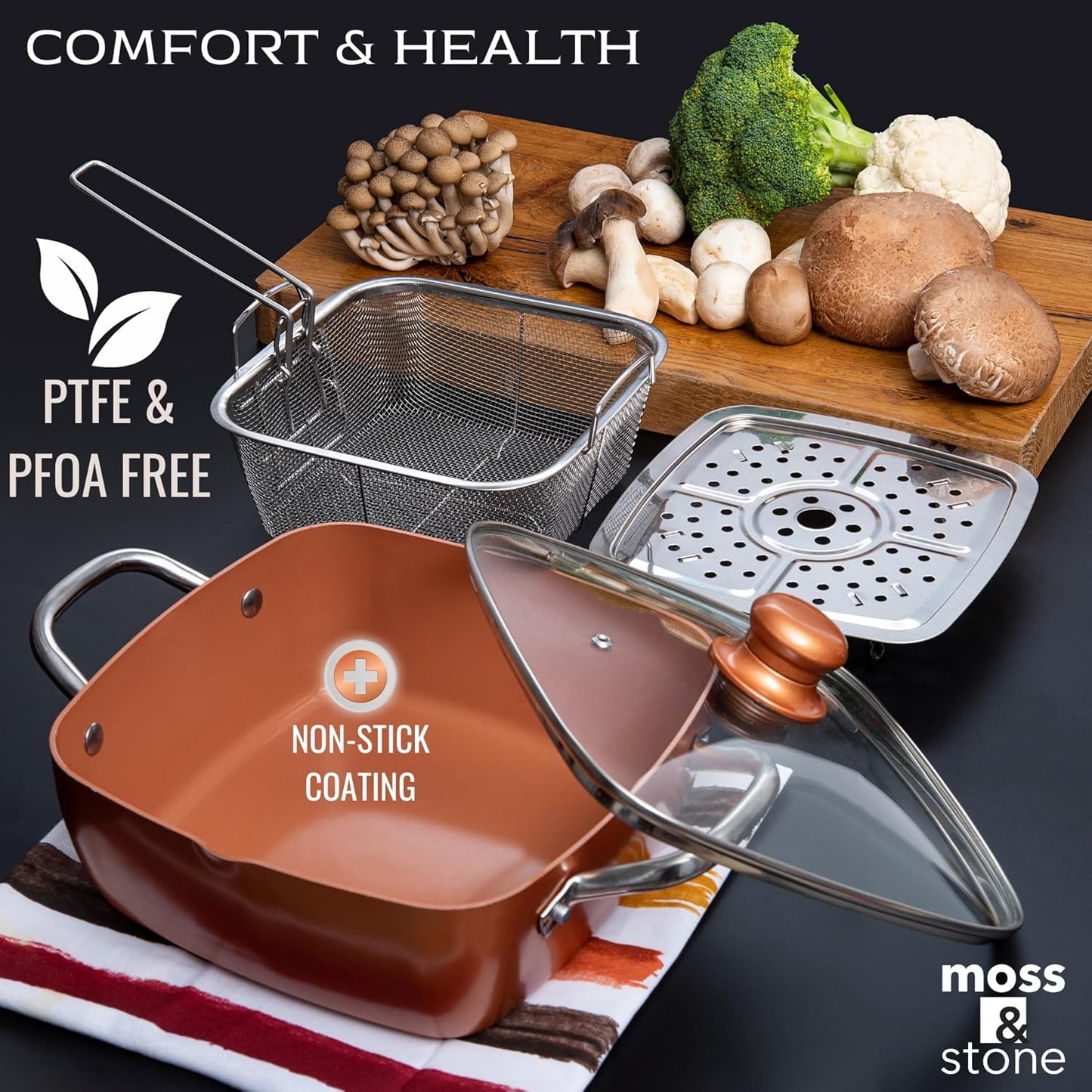 6 Piece Copper Chef Cookware Set - Non Stick Pan, Deep Square Pan, Fry Basket, Steamer Tray - Oven & Dishwasher Safe - 5 Quart Pot, 9.5" Induction Cookware