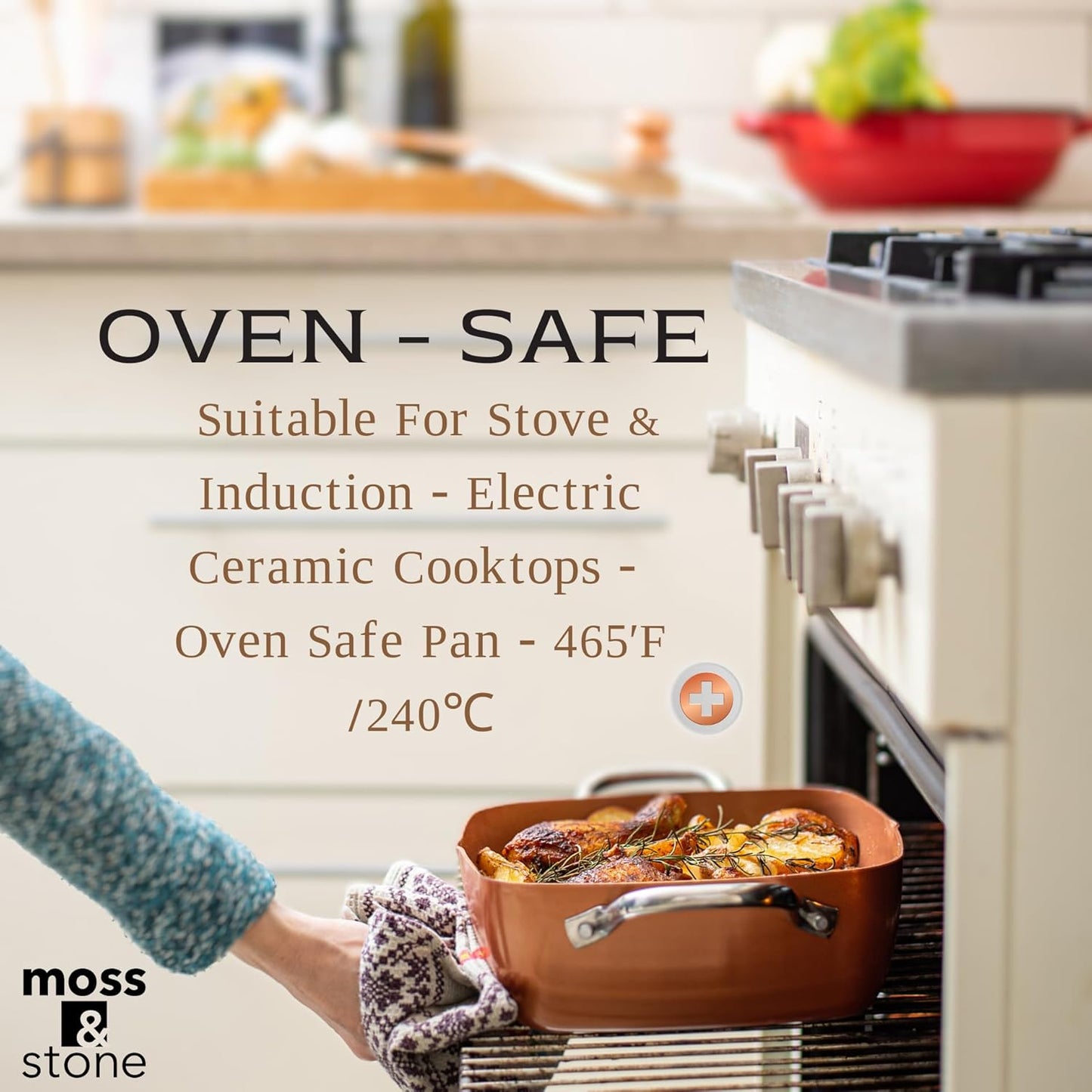 6 Piece Copper Chef Cookware Set - Non Stick Pan, Deep Square Pan, Fry Basket, Steamer Tray - Oven & Dishwasher Safe - 5 Quart Pot, 9.5" Induction Cookware