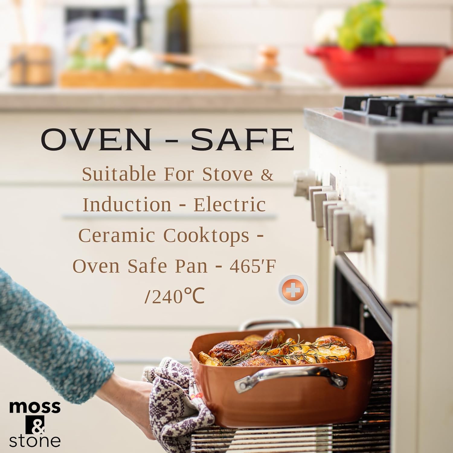 6 Piece Copper Chef Cookware Set - Non Stick Pan, Deep Square Pan, Fry Basket, Steamer Tray - Oven & Dishwasher Safe - 5 Quart Pot, 9.5" Induction Cookware