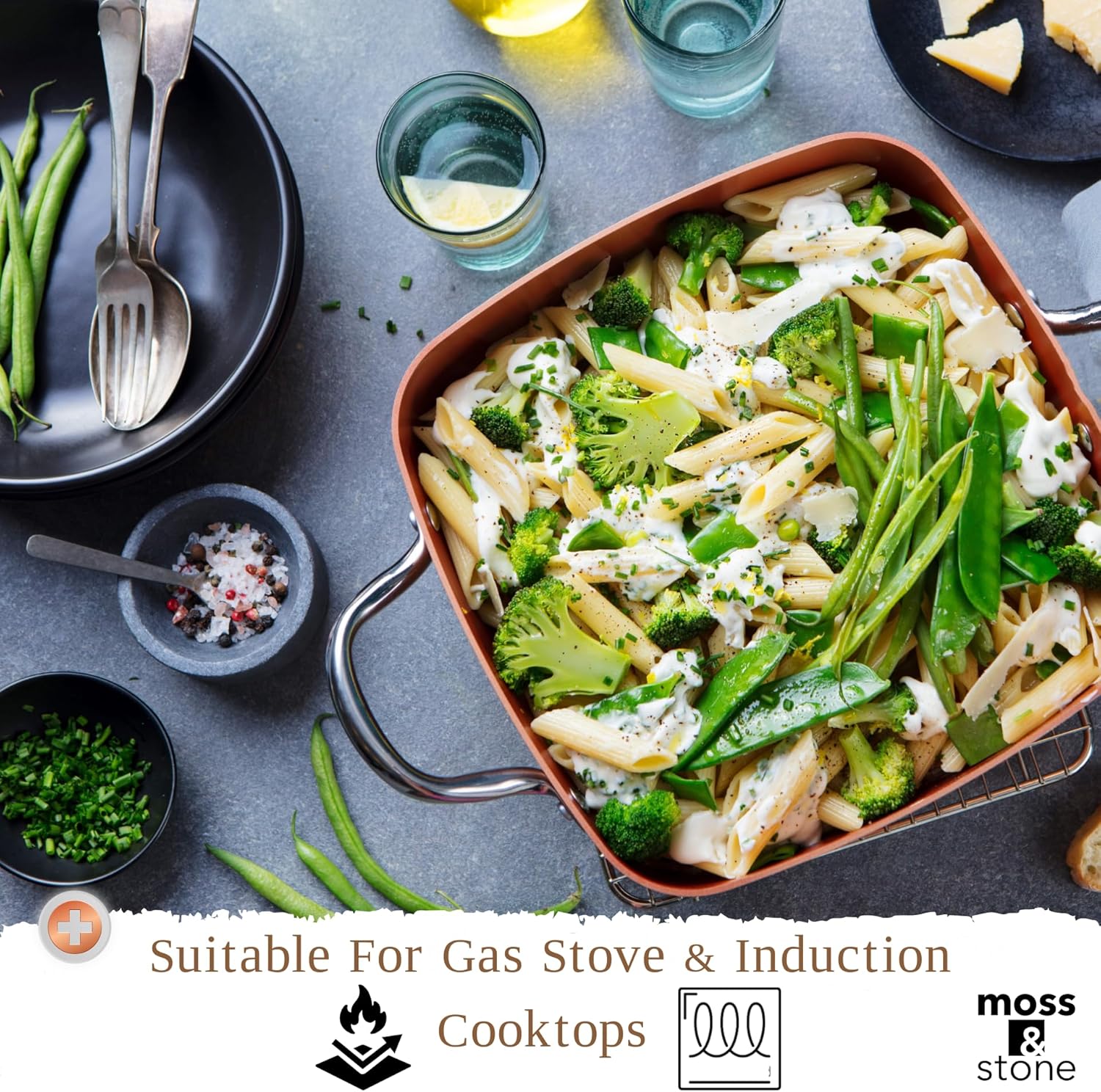 6 Piece Copper Chef Cookware Set - Non Stick Pan, Deep Square Pan, Fry Basket, Steamer Tray - Oven & Dishwasher Safe - 5 Quart Pot, 9.5" Induction Cookware