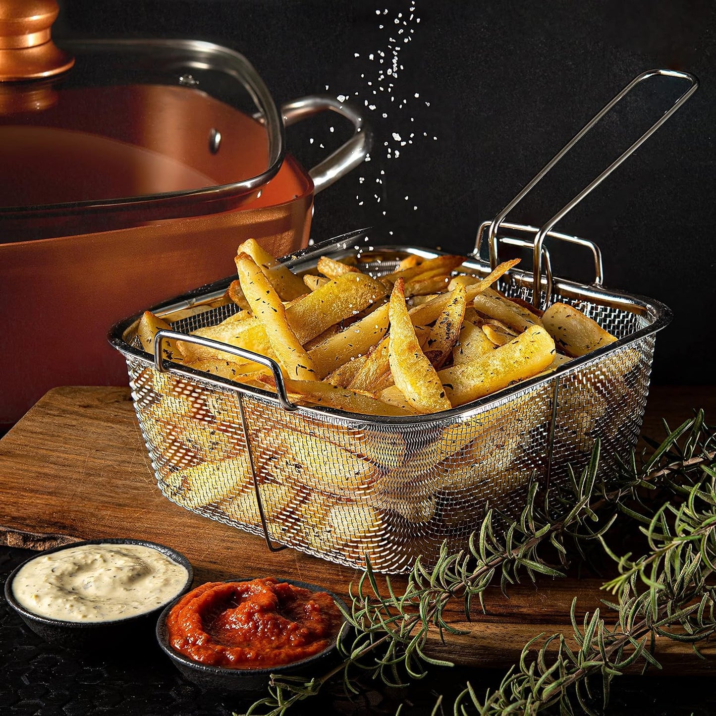 6 Piece Copper Chef Cookware Set - Non Stick Pan, Deep Square Pan, Fry Basket, Steamer Tray - Oven & Dishwasher Safe - 5 Quart Pot, 9.5" Induction Cookware