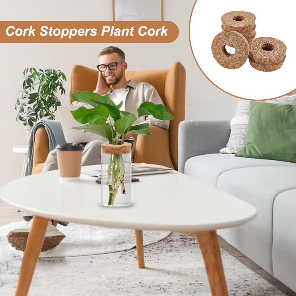 6-Piece Cork Lids Set for 3.5 Inch Glass Planters - Hydroponic Plant Cork Stoppers with Center Hole for Centerpieces & Propagation