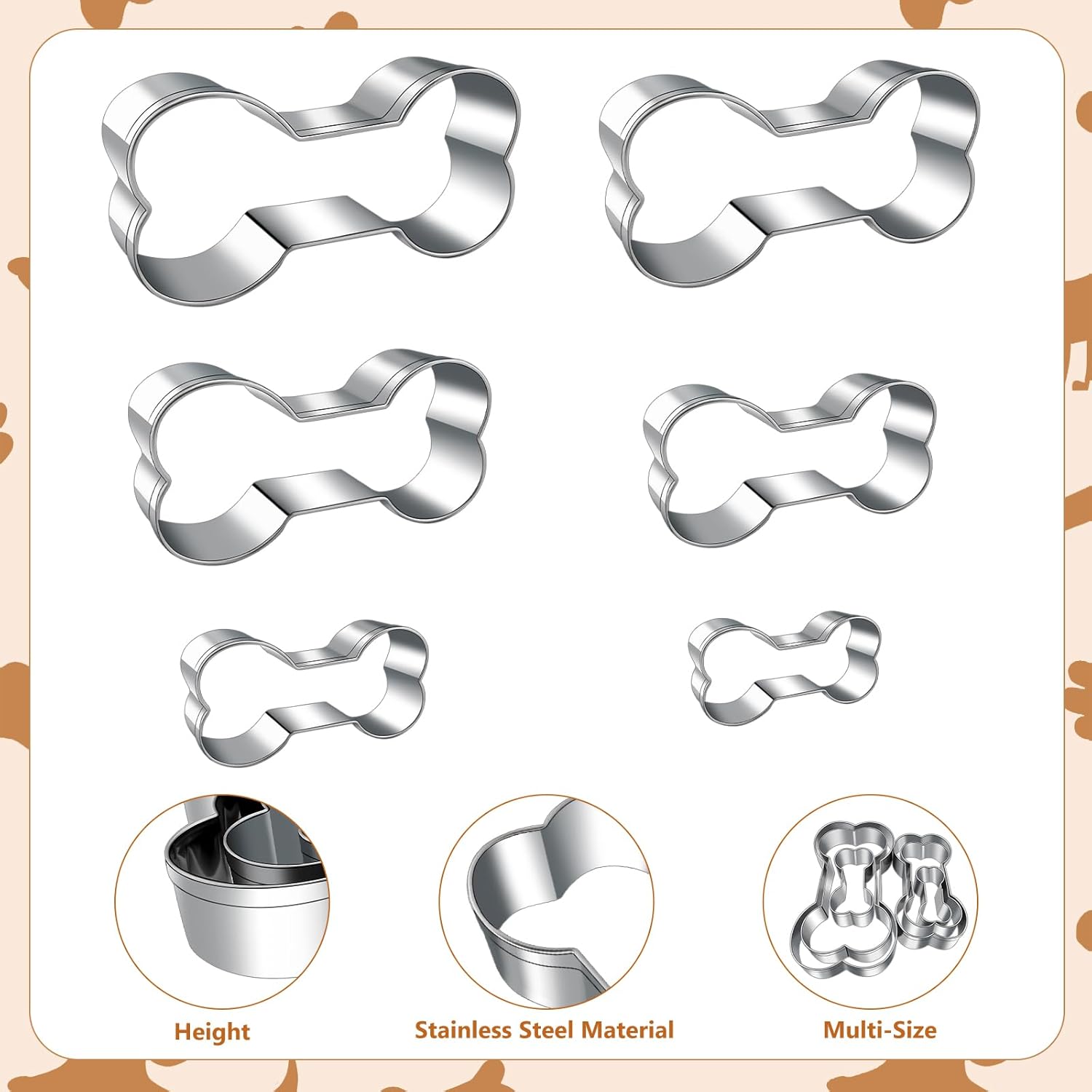 6-Piece Dog Cookie Cutter Set for Homemade Treats and Baking - Mini, Small, Medium, Big Sizes