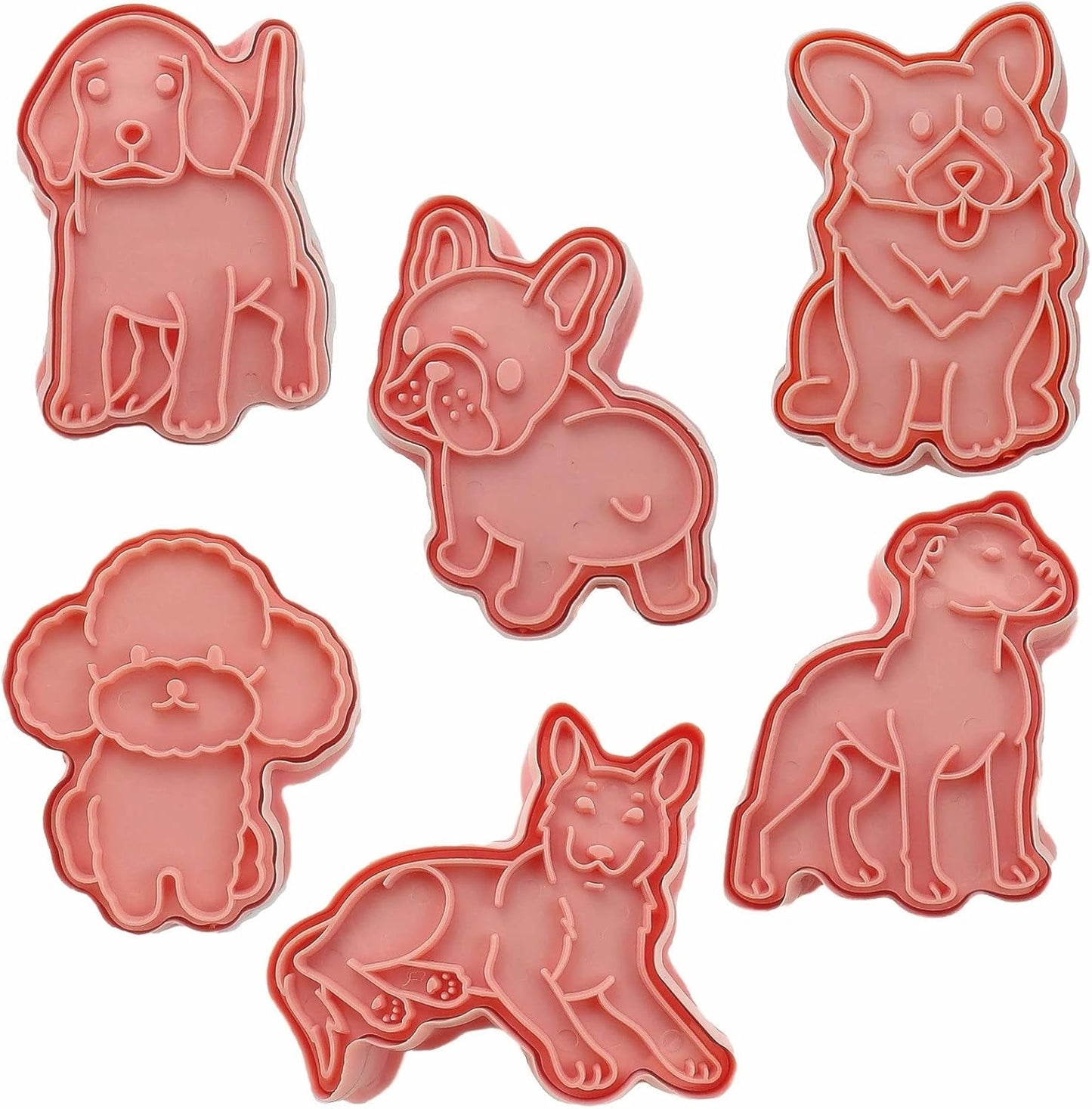 6-Piece Food Grade Plastic Dog Shaped Cookie Stamps Set for Baking - Cute Pink Fondant Stamper Kit