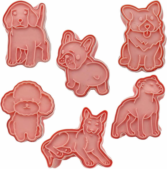 6-Piece Food Grade Plastic Dog Shaped Cookie Stamps Set for Baking - Cute Pink Fondant Stamper Kit