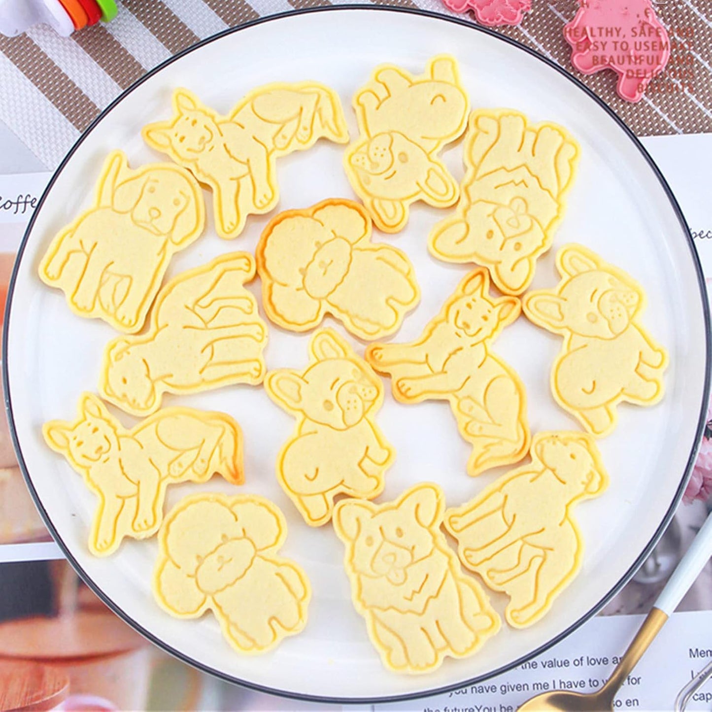 6-Piece Food Grade Plastic Dog Shaped Cookie Stamps Set for Baking - Cute Pink Fondant Stamper Kit
