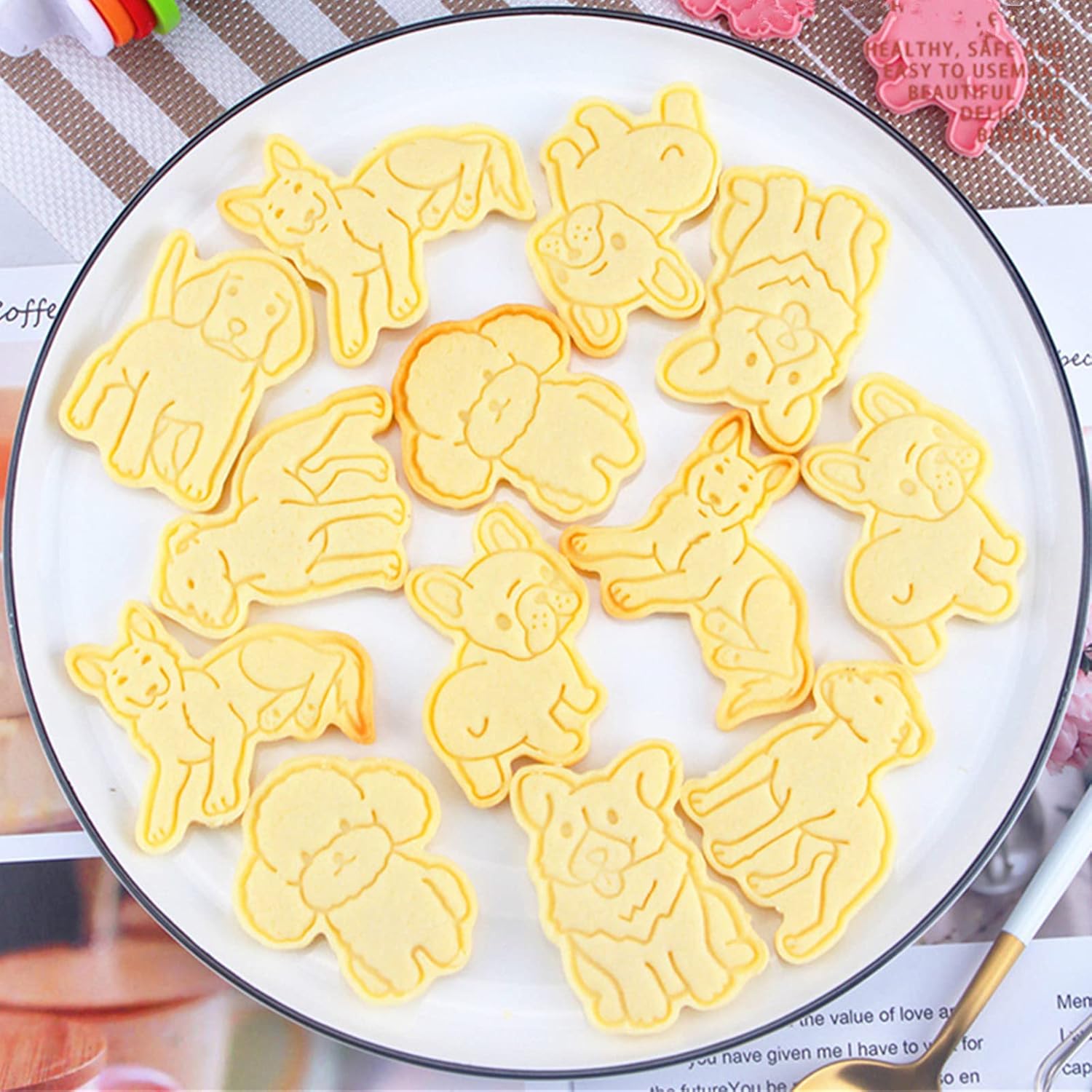 6-Piece Food Grade Plastic Dog Shaped Cookie Stamps Set for Baking - Cute Pink Fondant Stamper Kit